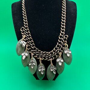 Chico’s VTG Lyden Aventurine and Rhinestone Bib Brass Necklace